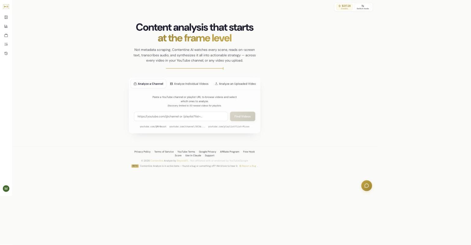 The Contentine Analyze home screen, with three tabs: Analyze a Channel, Analyze Individual Videos, and Analyze an Uploaded Video.