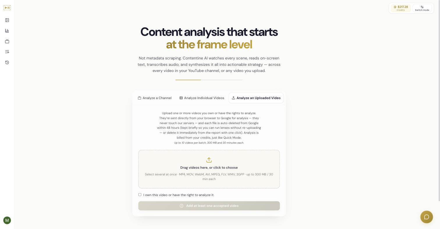 The Analyze an Uploaded Video tab: privacy explanation, a drag-and-drop area listing accepted formats and limits, and the rights checkbox.