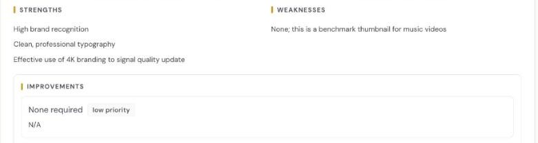 The Thumbnail Assessment premium section, showing Strengths, Weaknesses, and an Improvements panel.