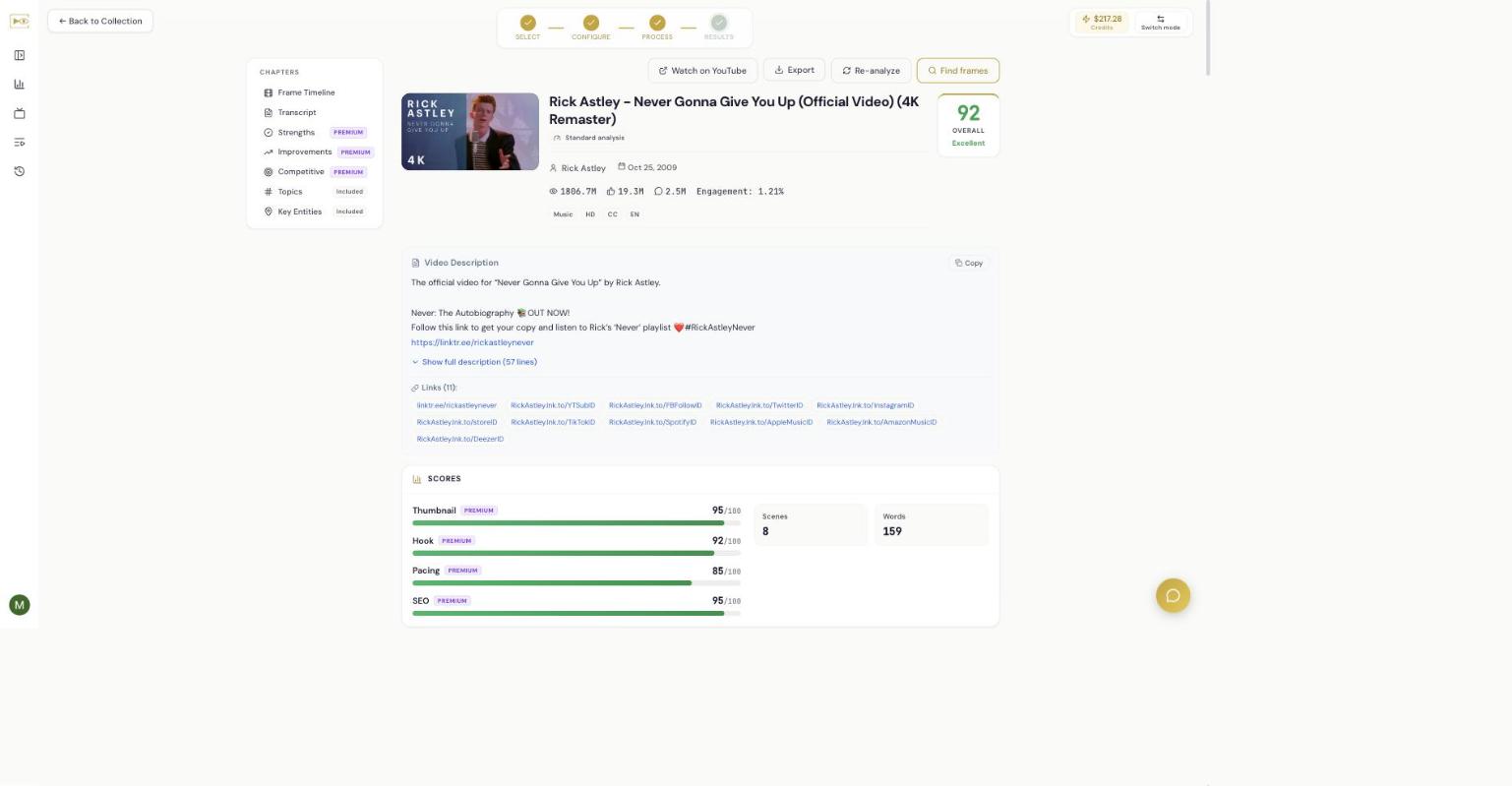 The top of a report: video details, the overall score of 92 (Excellent), the video description, and a Scores card showing Thumbnail 95, Hook 92, Pacing 85, SEO 95.