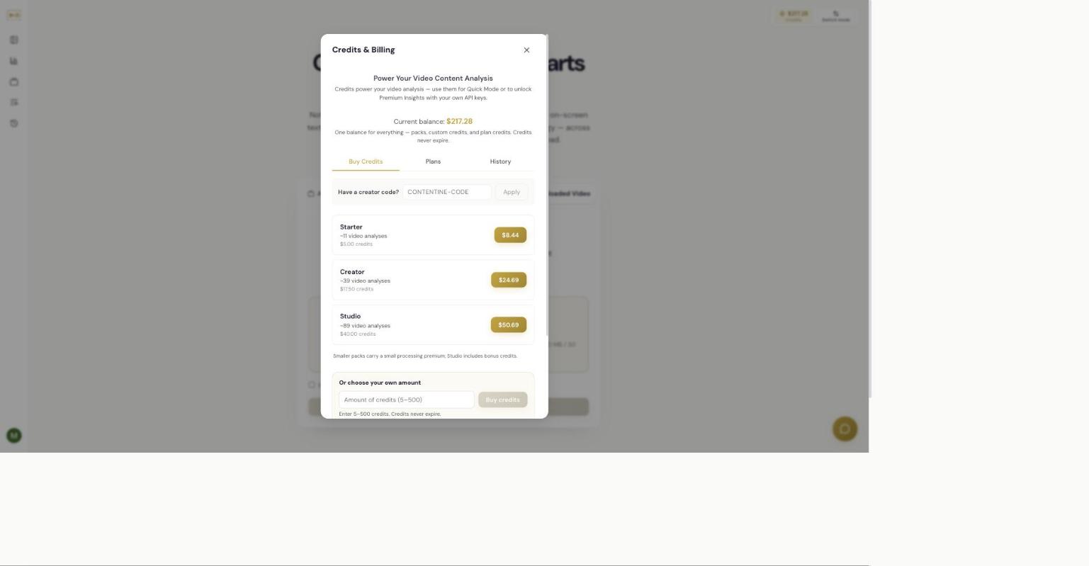 The Buy Credits tab, showing the credit packs. Prices shown are illustrative — check the live modal for current amounts.