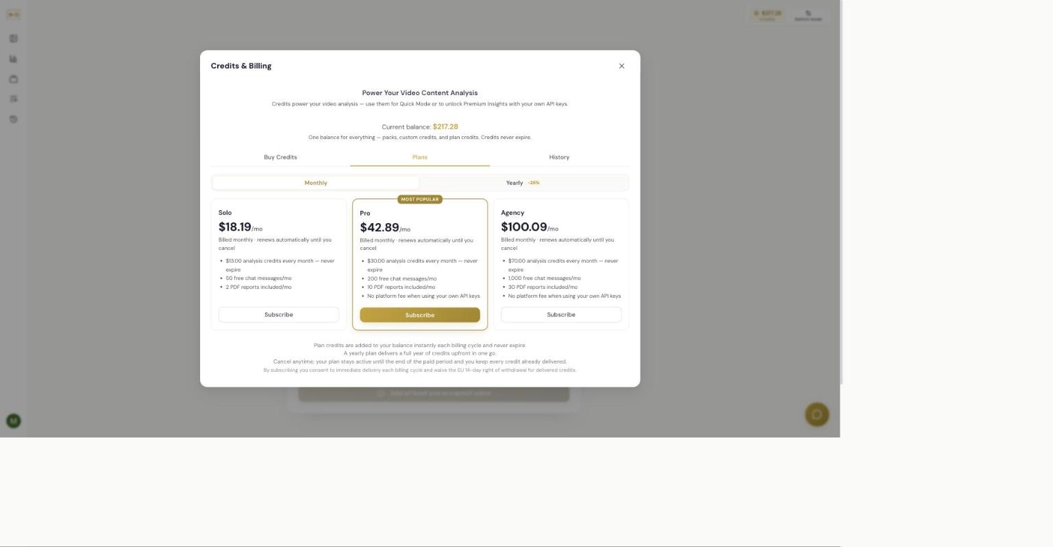 The Plans tab, showing the Solo, Pro, and Agency plans. Prices shown are illustrative — check the live modal for current amounts.