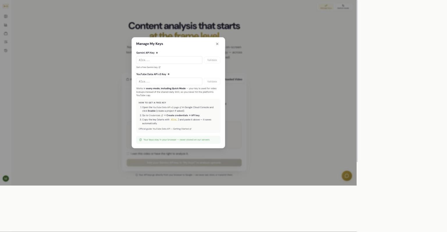 The Manage My Keys panel, with fields for a Gemini API key and a YouTube Data API v3 key, each with a Validate button.